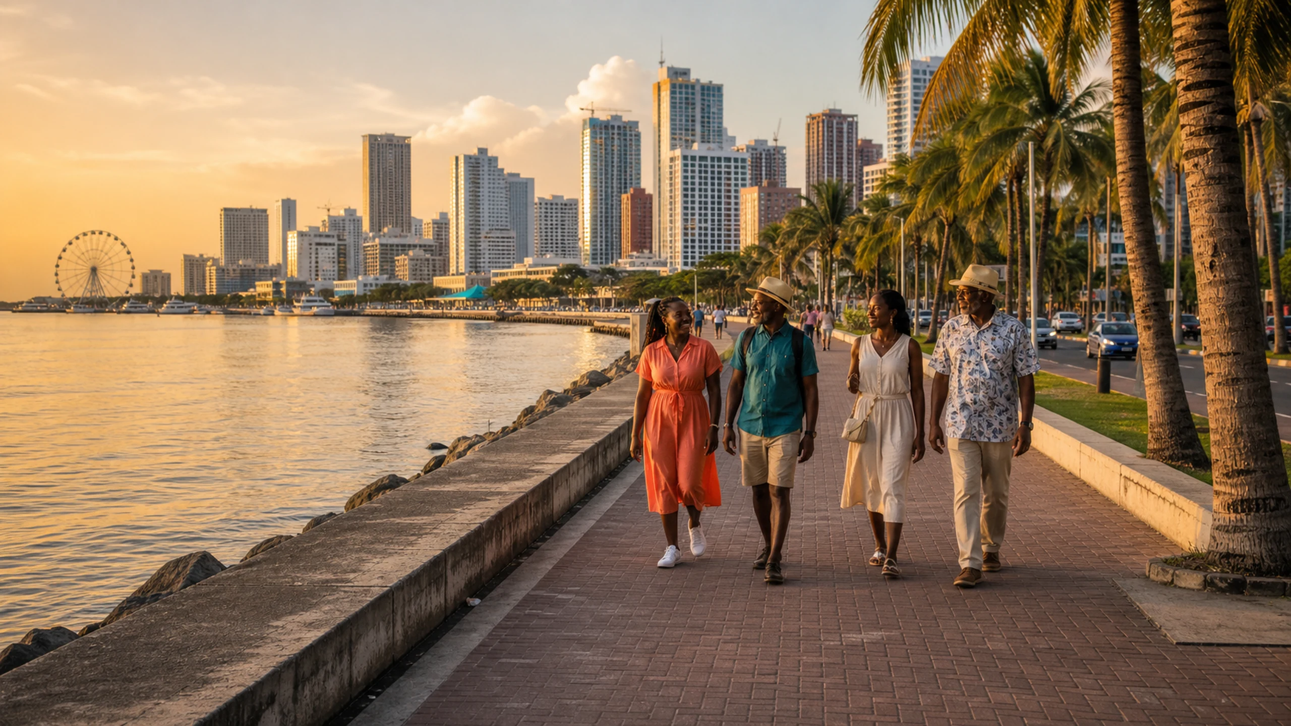 Manila Bay waterfront and skyline at golden hour as travellers walk along the palm-lined promenade