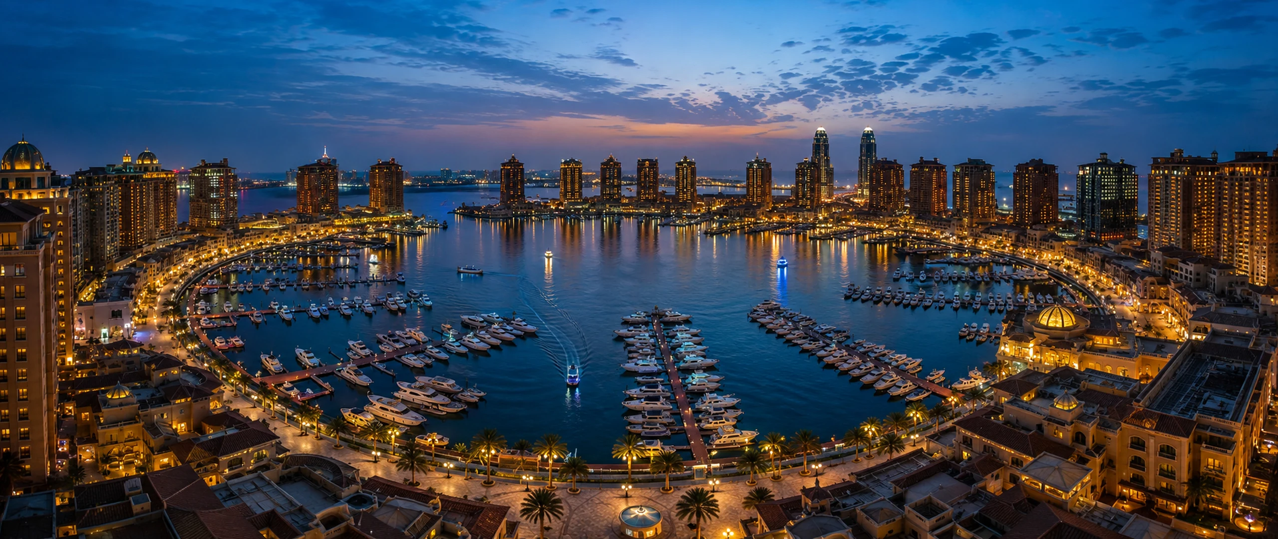The Pearl-Qatar marina in Doha glowing at blue hour with yachts and waterfront towers
