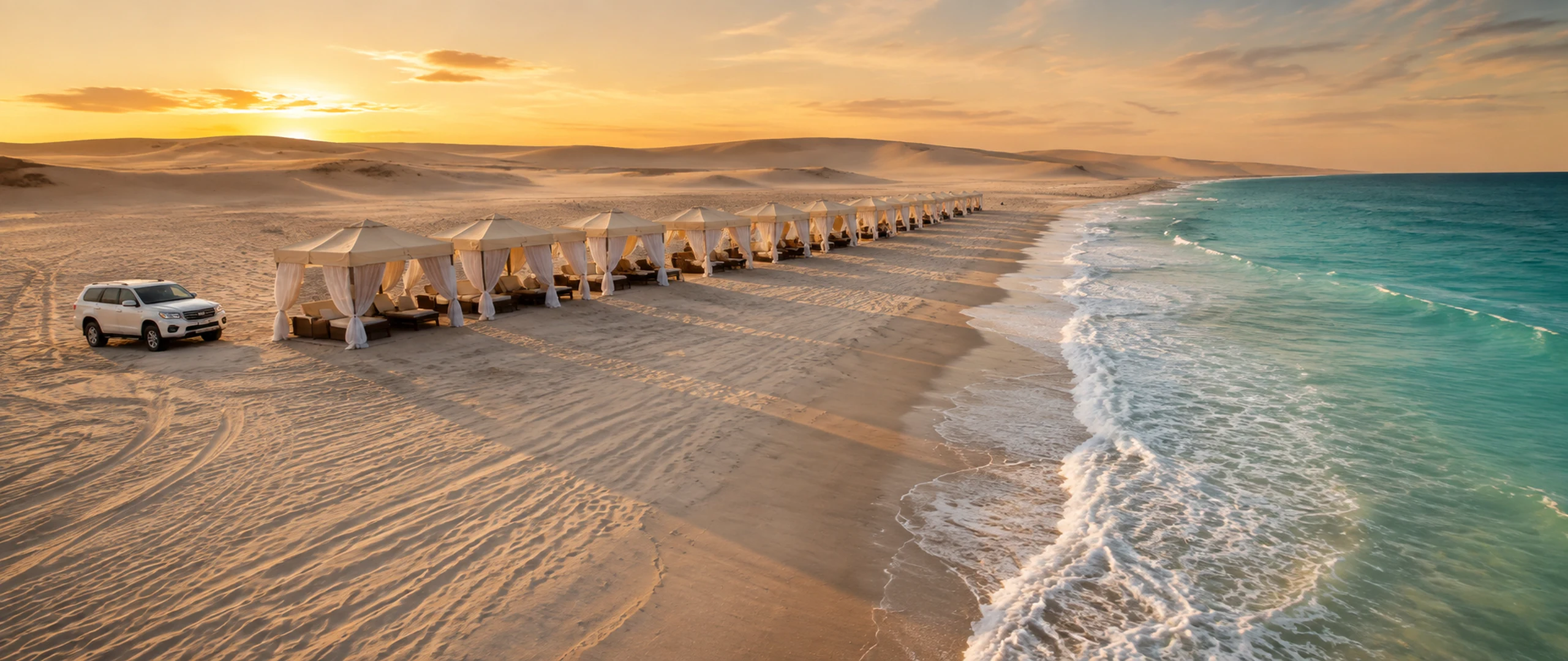 Desert dunes, shaded beach cabanas and Gulf water at Sealine Beach in southern Qatar