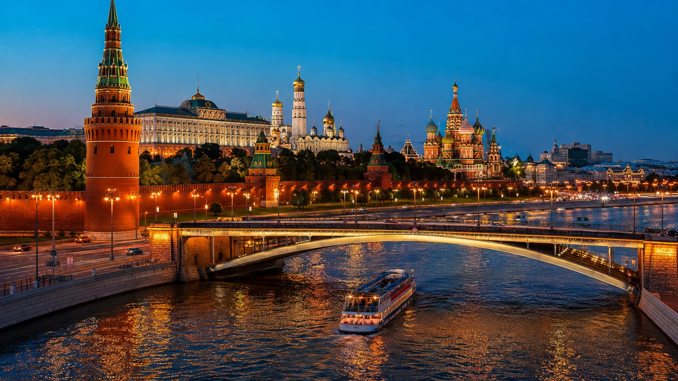 Moscow Kremlin and St Basil’s Cathedral glowing above the Moscow River at blue hour