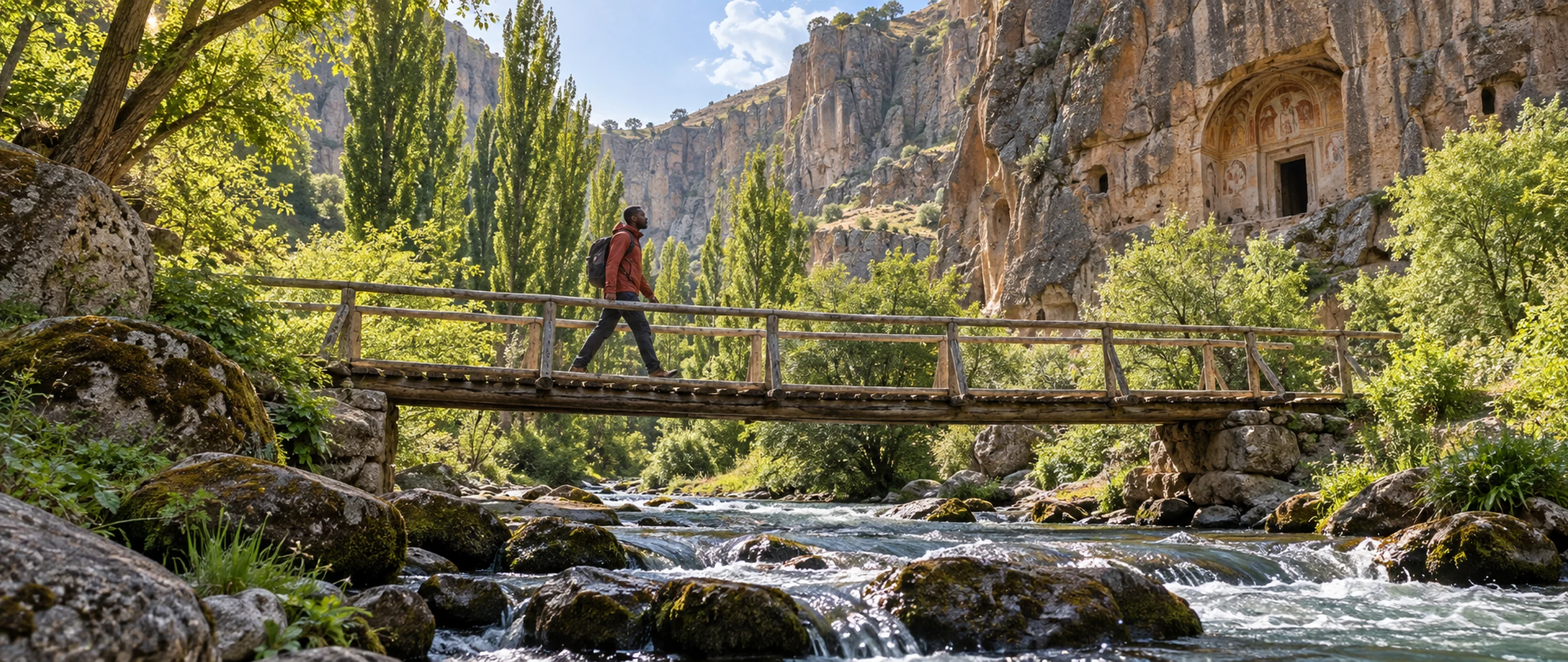 Hiker crossing the Melendiz River beneath Ihlara Valley’s rock-cut churches