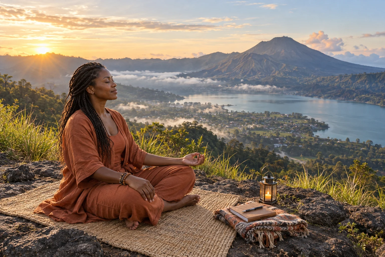 A woman meditates at sunrise above Lake Batur and the volcanic Kintamani landscape in Bali.