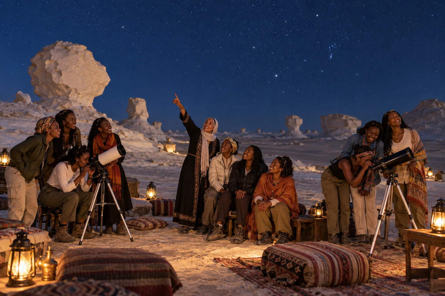 Women travellers use telescopes with a local astronomy guide beneath the stars in Egypt’s White Desert.
