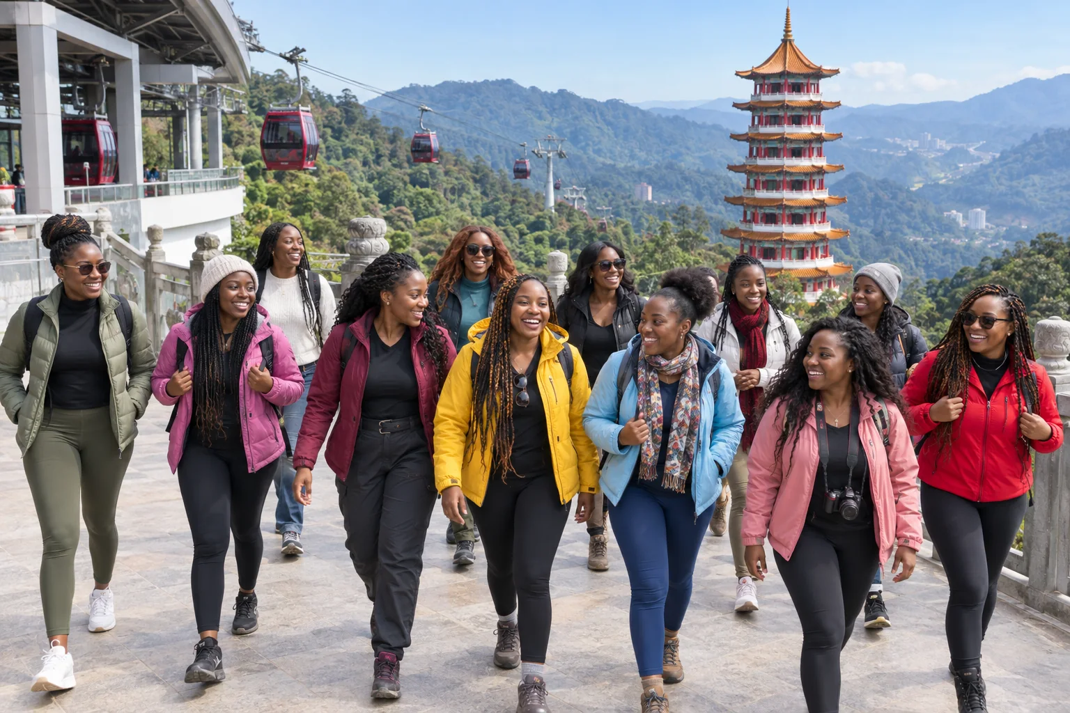highlands-women.webpWomen who joined the journey solo explore Genting Highlands with Awana SkyWay gondolas and the highland pagoda behind.