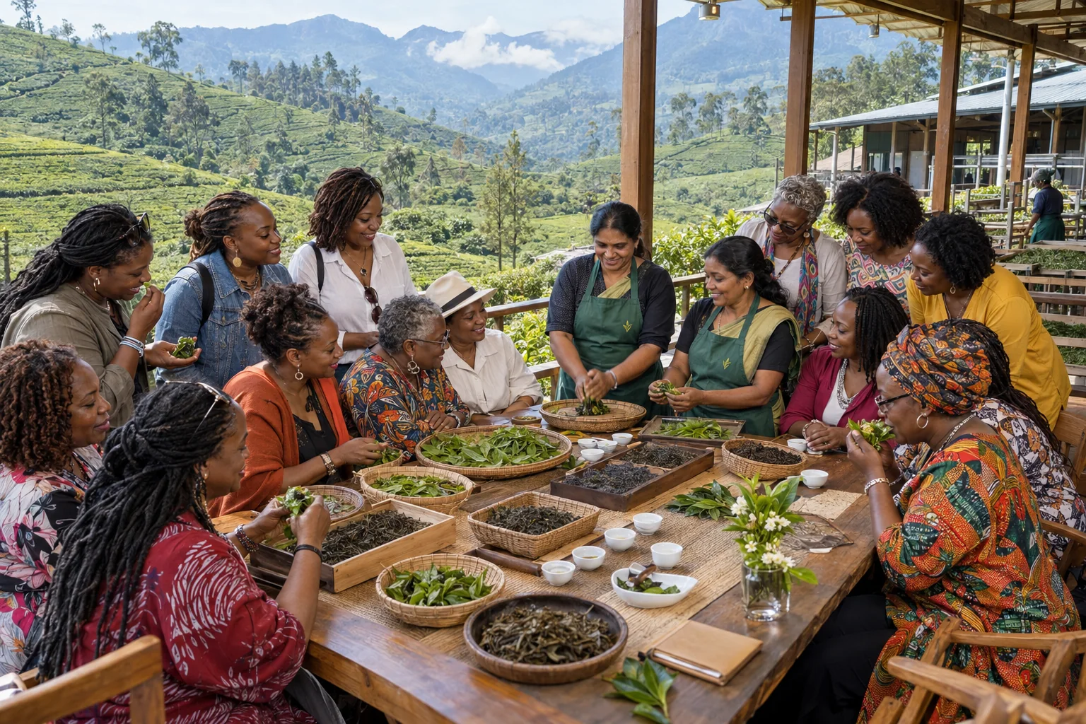 Friends, sisters, mothers and daughters reconnect during a guided tea experience in Sri Lanka’s Haputale highlands.