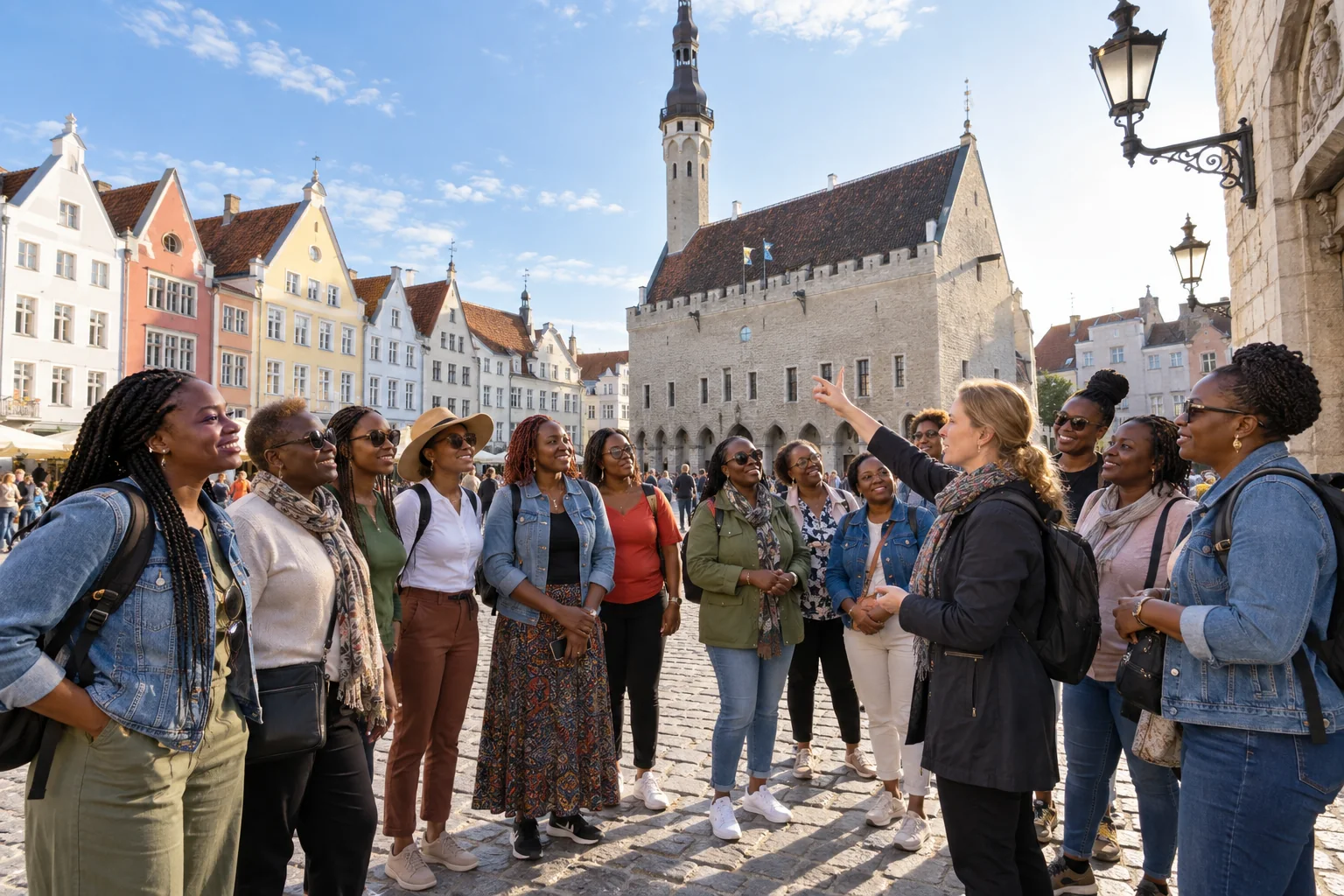 A local guide leads a women’s group through Tallinn’s medieval Town Hall Square and colourful Old Town façades.
